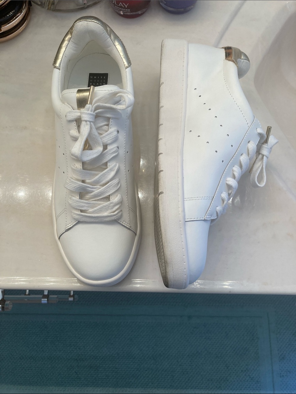White House Black Market White Sneakers with Gold and Leopard Heel Accent